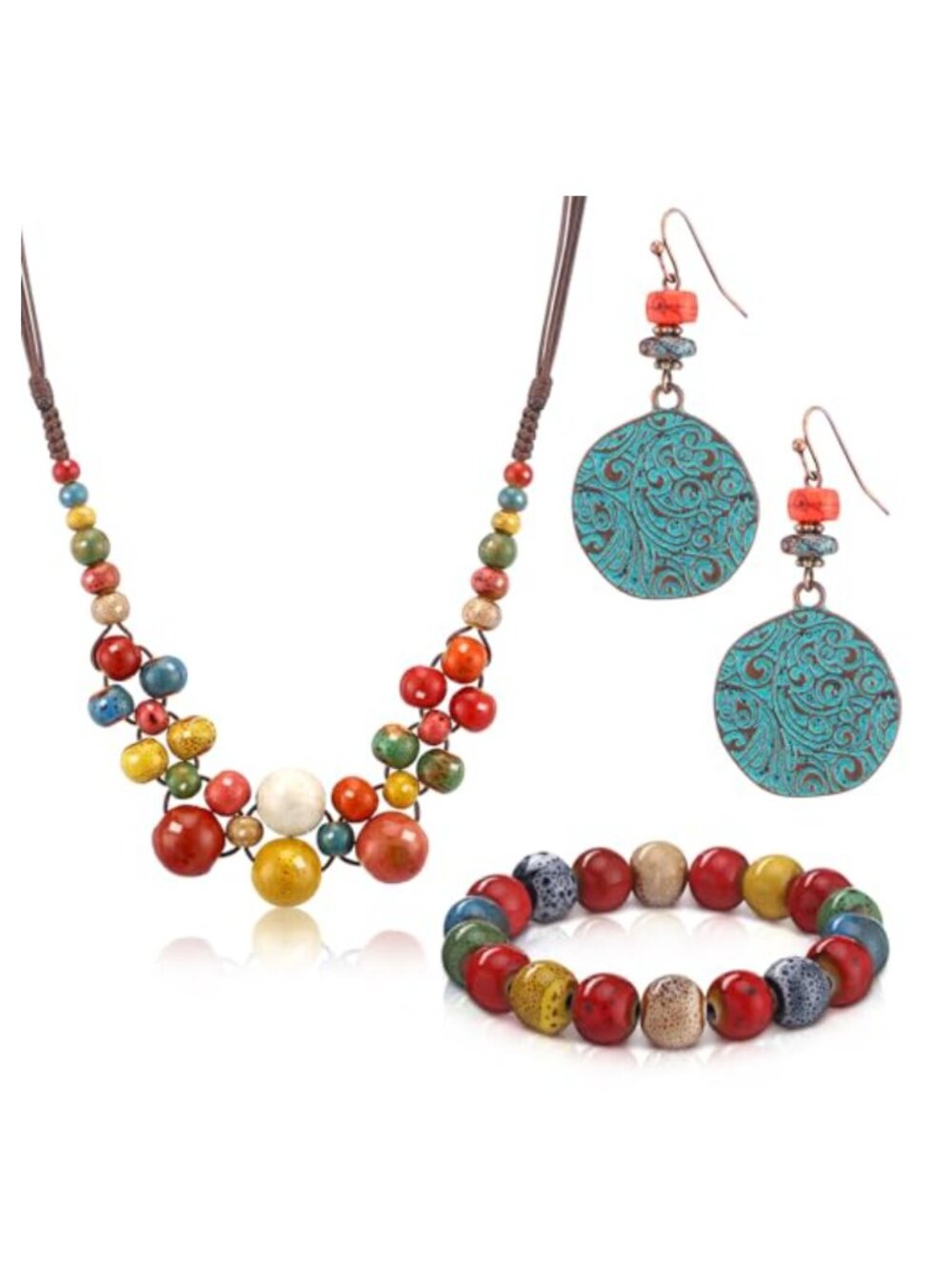 Boho Jewelry Set for Women Ceramic Beaded Necklace Bracelet Dangle Earrings